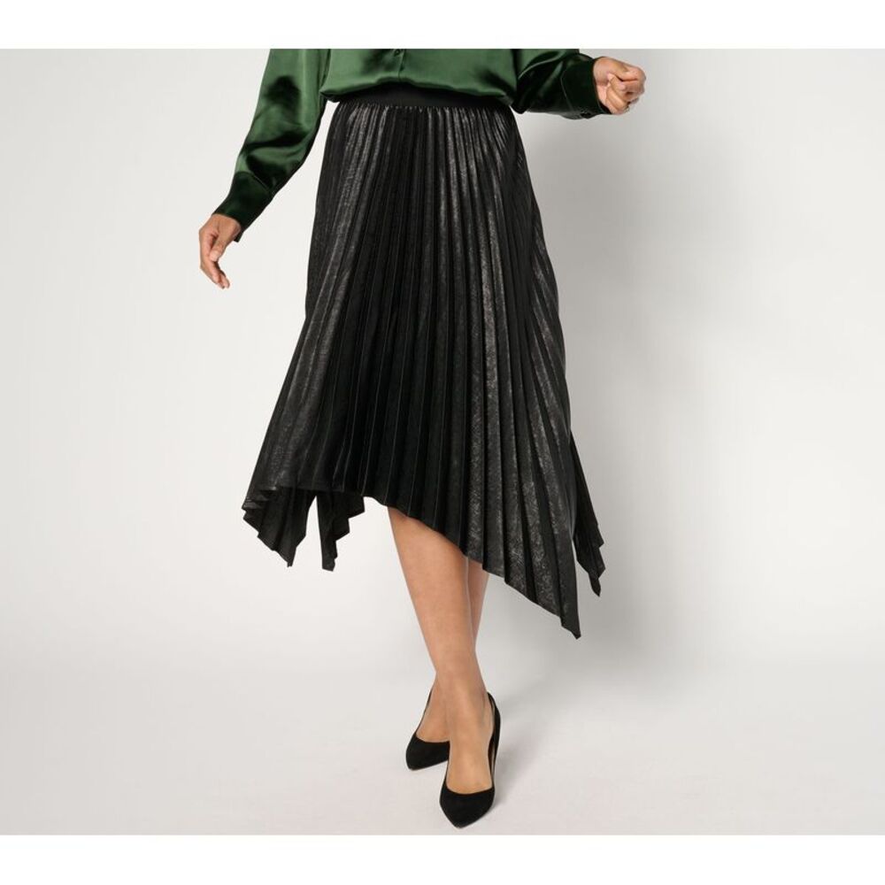 Susan Graver Women's Skirt Sz M Regular Metallic Woven Pleated Black A667508